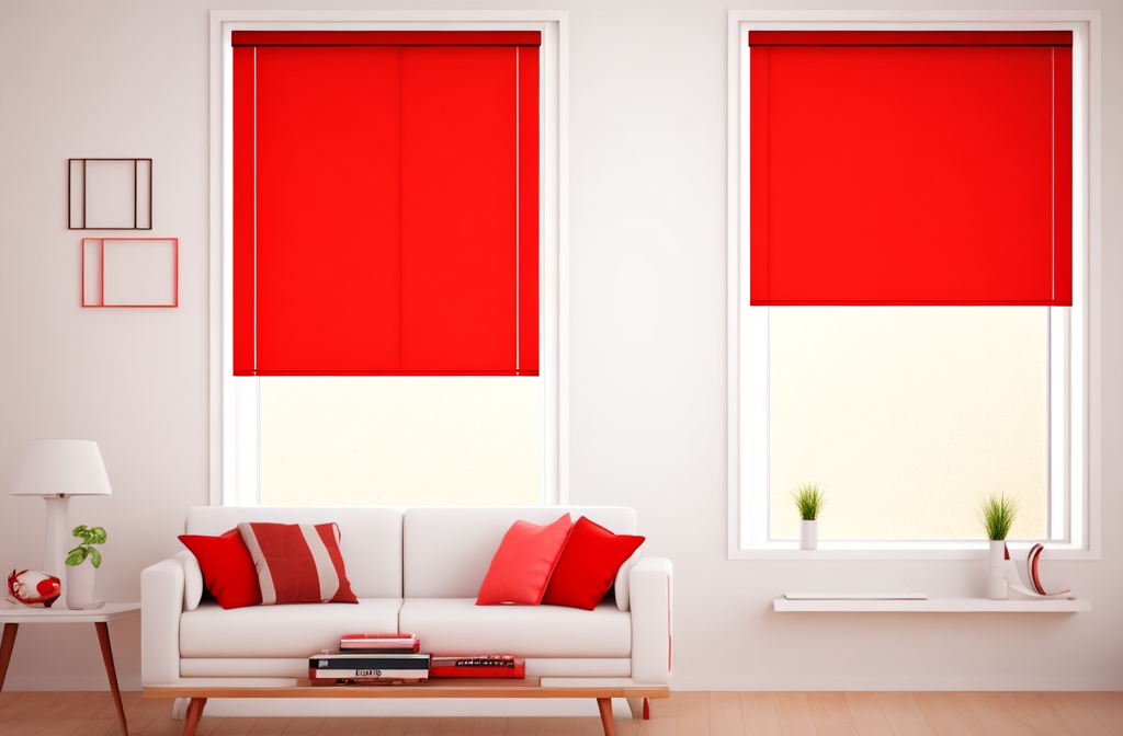 Czerwone rolety stanowią stylowy kontrapunkt pomieszczenia, wizualizacja